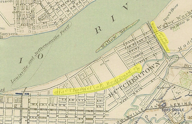 Beargrass Creek shown on map of Louisville from 1865