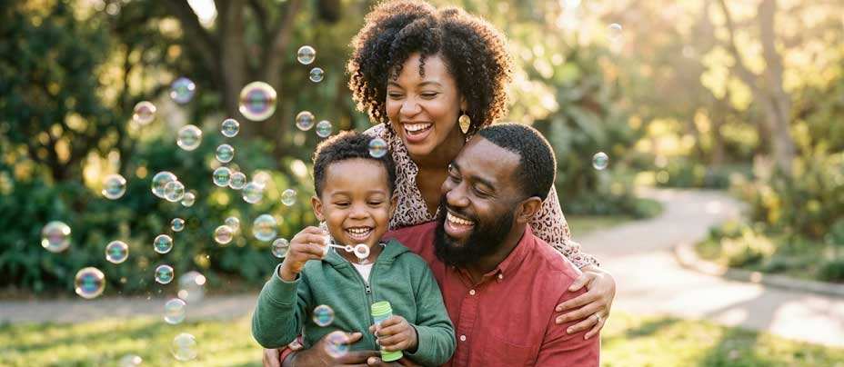 African-american family smiling together and blowing bubbles